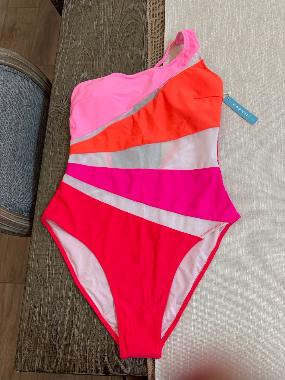 POPViL One-Shoulder Colorblock One-Piece Swimsuit in Hot Pink & Coral